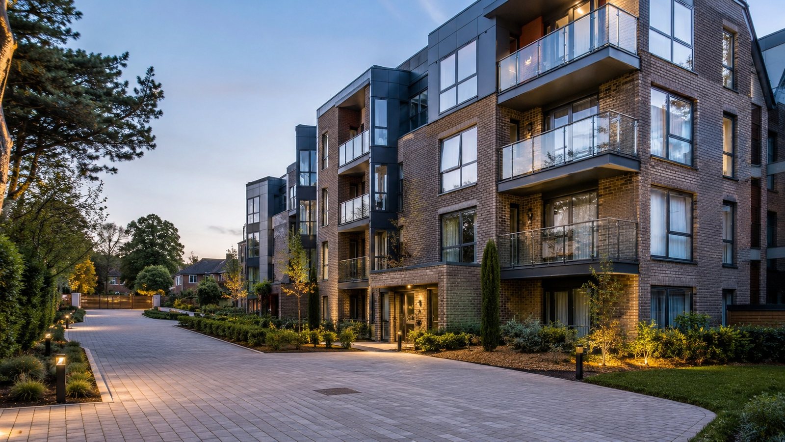 Managed residential apartment building at dusk