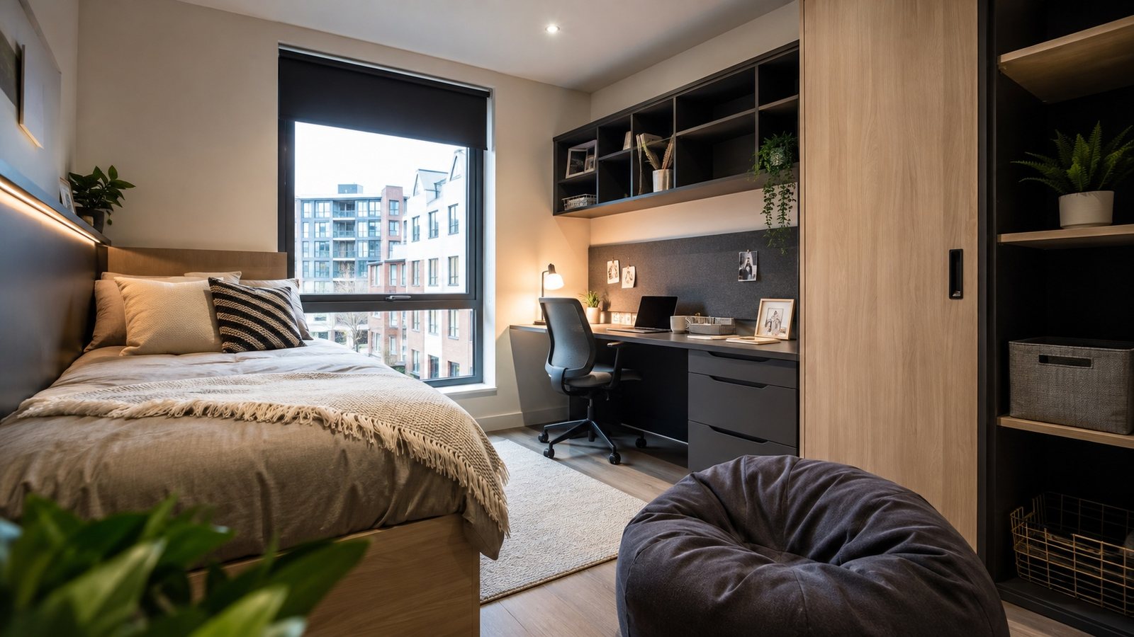 Modern student accommodation room with study desk